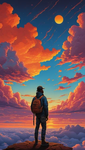 sky,the horizon,travelers,cumulus,dusk,rodeo,above the clouds,explorer,horizon,traveller,the wanderer,pilgrim,skies,traveler,wanderer,dusk background,world digital painting,orange sky,mountain sunrise,sunrise in the skies,Illustration,Children,Children 03