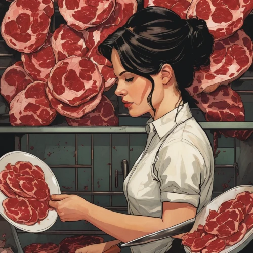 butcher shop,waitress,meat counter,prosciutto,salumi,rosa ' amber cover,jamón,butcher,soppressata,red cooking,cooking book cover,salami,yakiniku,raw meat,butchery,meats,girl in the kitchen,cured meat,dryaged,red meat,Conceptual Art,Daily,Daily 08