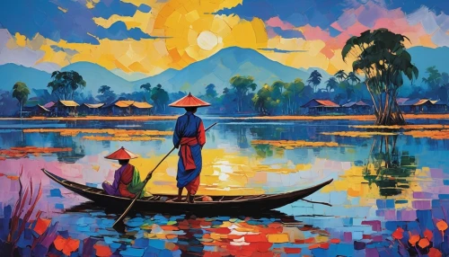 inle lake,fishing float,oil painting on canvas,khokhloma painting,kampot,boat landscape,kerala,fisherman,vietnam,backwaters,fishermen,mekong,cambodia,oil painting,art painting,by chaitanya k,painting technique,floating market,people fishing,laos,Conceptual Art,Oil color,Oil Color 25