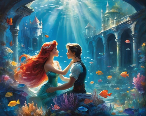 little mermaid,ariel,underwater background,under the sea,mermaid background,fairytale,a fairy tale,believe in mermaids,fairy tale,fantasy picture,under sea,underwater world,romantic scene,lilo,fantasia,girl with a dolphin,magical moment,fairytales,enchanted,mermaids,Conceptual Art,Oil color,Oil Color 03