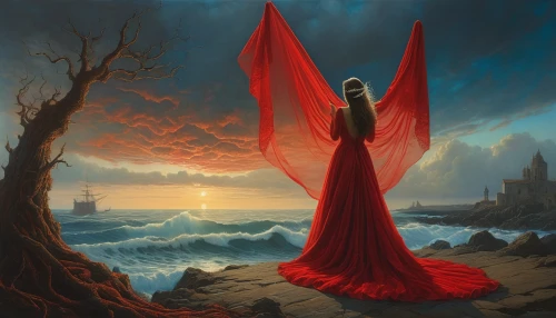 red cape,red gown,scarlet sail,man in red dress,dance of death,red sail,fantasy picture,lady in red,tour to the sirens,fantasia,fantasy art,cloak,the wind from the sea,pall-bearer,heroic fantasy,light bearer,rusalka,red sea,the sea of red,eventide,Photography,General,Natural