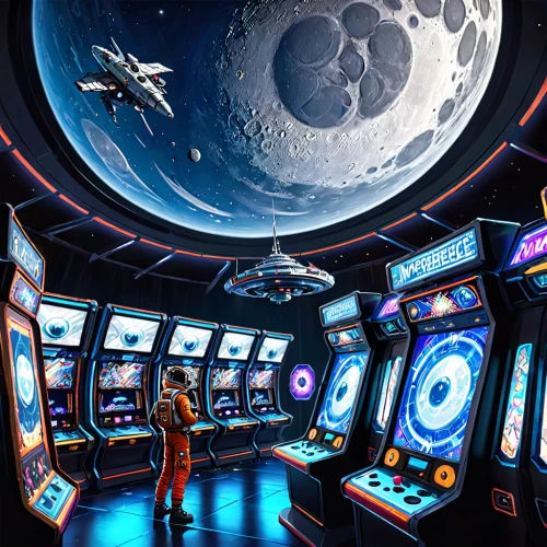 sci fiction illustration,arcade game,space art,space voyage,space port,ufo interior,spaceship space,sky space concept,space,game illustration,out space,orbiting,arcades,game room,outer space,cg artwork,scifi,arcade games,sci-fi,sci - fi,Anime,Anime,General