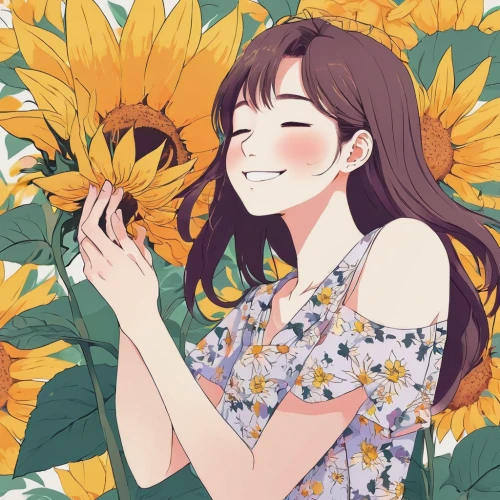 sunflowers,chara,sunflower,sunflower coloring,summer flower,sun flowers,helianthus,sun daisies,summer bloom,girl in flowers,sunshine,blooming,summer flowers,picking flowers,sunflower field,holding flowers,sunflowers and locusts are together,daisies,sunflower paper,marguerite,Illustration,Japanese style,Japanese Style 04