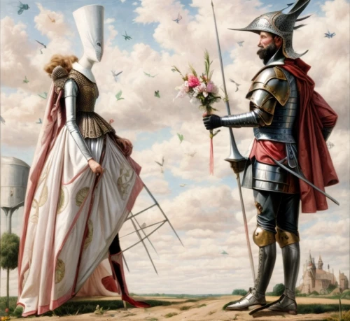 dispute,the order of the fields,the carnival of venice,courtship,young couple,st martin's day,ballet don quijote,accolade,don quixote,man and wife,way of the roses,dance of death,flower delivery,cupido (butterfly),épée,bows and arrows,floral greeting,falconer,the windmills,fleur-de-lys,Product Design,Fashion Design,Women's Wear,Bohemian Rhapsody