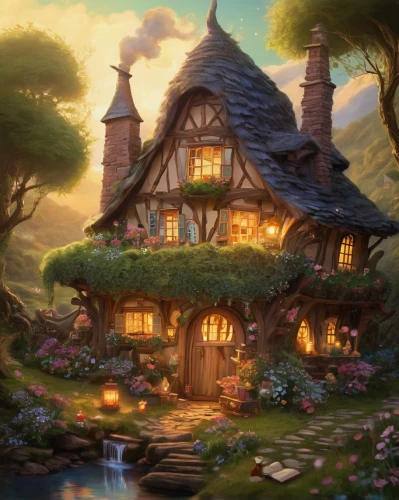 witch's house,fairy village,hobbiton,fairy house,house in the forest,beautiful home,summer cottage,country cottage,little house,aurora village,ancient house,traditional house,fantasy landscape,fantasy picture,knight village,home landscape,alpine village,cottage,fairy tale castle,house in mountains,Illustration,Realistic Fantasy,Realistic Fantasy 37