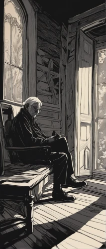 jrr tolkien,old home,old man,old age,porch,weary,cabin,the old man,grandpa,waiting room,elderly man,solitude,studies,grandfather,melancholy,blonde sits and reads the newspaper,contemplation,study,late afternoon,log home,Illustration,Black and White,Black and White 12