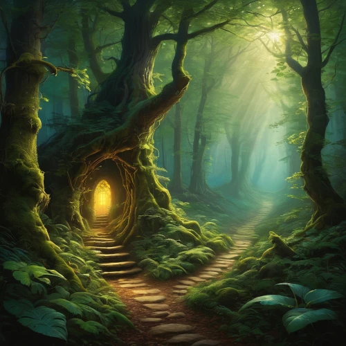 forest path,the mystical path,enchanted forest,fairy door,hollow way,wooden path,fairy forest,elven forest,pathway,fairytale forest,hiking path,druid grove,the path,forest of dreams,forest road,fantasy picture,forest glade,forest floor,green forest,forest landscape,Art,Classical Oil Painting,Classical Oil Painting 10