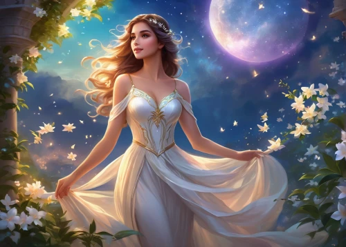 queen of the night,fantasy picture,zodiac sign libra,fairy queen,celtic woman,faerie,fantasy art,fantasy portrait,fantasy woman,horoscope libra,aphrodite,moonflower,faery,lady of the night,romantic portrait,virgo,jessamine,the zodiac sign pisces,blue moon rose,rosa 'the fairy,Illustration,Realistic Fantasy,Realistic Fantasy 01