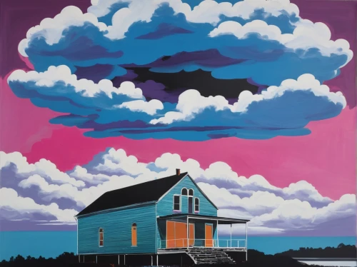 housetop,meteor rideau,thundercloud,clouds - sky,inverted cottage,matruschka,home landscape,cloud bank,cottage,cloud image,summer cottage,lonely house,house painting,thunderhead,temples,alberta,little house,summer house,skywatch,church painting,Art,Artistic Painting,Artistic Painting 23