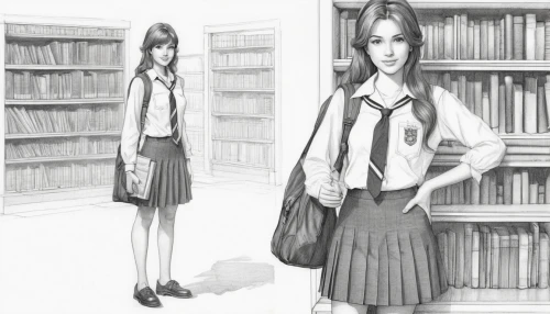 librarian,school uniform,girl studying,study,schoolgirl,girl drawing,school skirt,illustrations,pencil drawings,student,bookshelves,youth book,school clothes,library,book pages,library book,books,book illustration,book store,digitization of library,Illustration,Black and White,Black and White 06