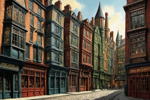 york,townscape,old street,eastgate street chester,beautiful buildings,narrow street,london buildings,row houses,hogwarts,medieval street,townhouses,old linden alley,july 1888,the cobbled streets,whitby,city of london,london,john atkinson grimshaw,world digital painting,david bates,Illustration,Retro,Retro 24