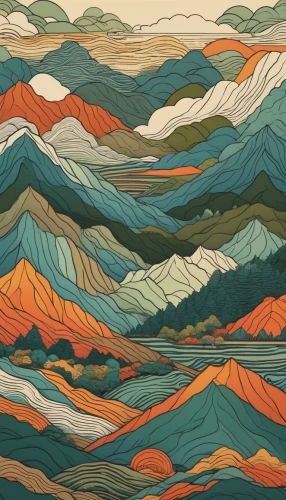 mountainous landforms,mountains,mountain ranges,dune landscape,mountainous landscape,autumn mountains,the landscape of the mountains,mountain landscape,topography,mountain valleys,shifting dunes,mountain range,mountain slope,japanese mountains,mountain plateau,high mountains,japanese wave paper,moutains,braided river,yellow mountains,Illustration,Japanese style,Japanese Style 11