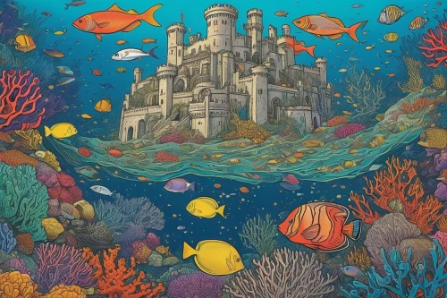 underwater landscape,aquarium,under the sea,coral reef,house of the sea,underwater playground,underwater background,water castle,under sea,underwater world,atlantis,ocean underwater,underwater oasis,aquarium decor,fairy tale castle,aquarium inhabitants,coral reefs,ocean floor,acquarium,school of fish,Illustration,Black and White,Black and White 20