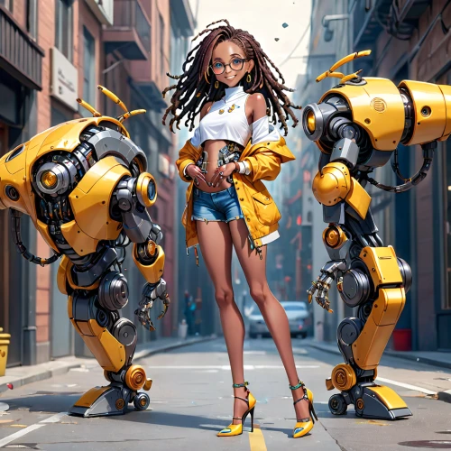 bumblebee,tiana,kryptarum-the bumble bee,mech,vector girl,dewalt,robotics,sprint woman,tracer,cybernetics,sci fiction illustration,queen bee,topspin,engineer,yellow machinery,cg artwork,minibot,maria bayo,female runner,world digital painting,Anime,Anime,General