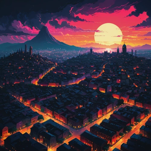 city in flames,cityscape,dusk,dusk background,pixel art,fantasy city,colorful city,evening city,fire background,istanbul,city skyline,dresden,volcano,metropolis,ancient city,city at night,vesuvius,fire planet,the city,city panorama,Conceptual Art,Fantasy,Fantasy 32