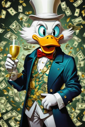 donald duck,donald,the duck,wealth,the dollar,gold foil 2020,aristocrat,dollar,donald trump,billionaire,cayuga duck,canard,wealthy,concierge,brahminy duck,glut of money,gold bullion,duck,the ethereum,gold business,Illustration,Realistic Fantasy,Realistic Fantasy 03