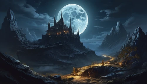 fantasy landscape,fantasy picture,witch's house,haunted castle,halloween background,ghost castle,castle of the corvin,fantasy art,witch house,moonlit night,haunted cathedral,moonlit,light of night,hogwarts,maelstrom,lunar landscape,dark art,moonscape,devilwood,gothic,Conceptual Art,Fantasy,Fantasy 12