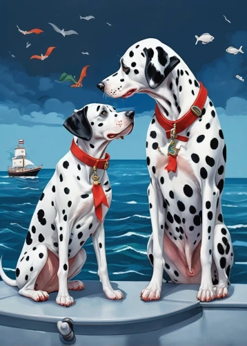dalmatian,nautical children,dog illustration,rescue dogs,playing dogs,spots,cruella,dog cartoon,hunting dogs,two dogs,seafaring,david bates,jigsaw puzzle,polka,yacht racing,great dane,dog siblings,motif,sea scouts,whimsical animals,Illustration,Realistic Fantasy,Realistic Fantasy 19