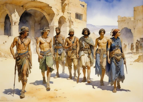 biblical narrative characters,afar tribe,ancient people,nomadic people,pilgrims,ancient parade,genesis land in jerusalem,dead sea scroll,aborigines,the pied piper of hamelin,guards of the canyon,caravansary,primitive people,wise men,germanic tribes,ancient egypt,church painting,ancient egyptian,pilate,nomads,Illustration,Paper based,Paper Based 23