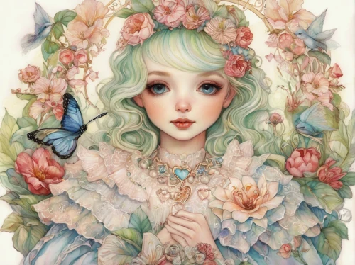 flower fairy,eglantine,faerie,faery,fairy queen,little girl fairy,fairy,vanessa (butterfly),garden fairy,fantasy portrait,rosa 'the fairy,rosa ' the fairy,mint blossom,flora,coral bells,child fairy,spring unicorn,girl in flowers,baroque angel,soft pastel,Illustration,Abstract Fantasy,Abstract Fantasy 11