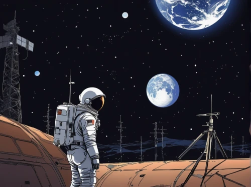 earth rise,lunar landscape,sci fiction illustration,space art,mission to mars,spacesuit,astronautics,space walk,robot in space,spacewalks,tranquility base,moon valley,background image,astronaut,space-suit,space suit,spacewalk,space,earth station,moon landing,Illustration,Japanese style,Japanese Style 12