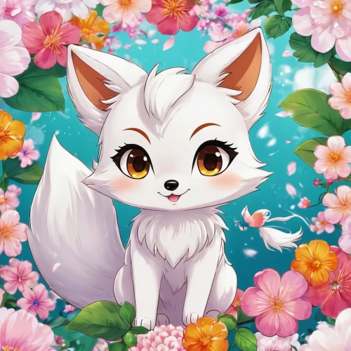 blossom kitten,cute fox,adorable fox,flower background,fennec,child fox,flower cat,spring background,kitsune,floral background,little fox,flower animal,fox,springtime background,desert fox,a fox,arctic fox,white blossom,japanese sakura background,pomeranian,Illustration,Japanese style,Japanese Style 03