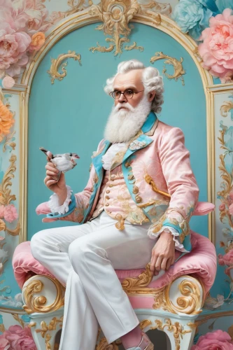 man in pink,tea cup fella,rococo,father frost,father christmas,tea zen,aristocrat,man with saxophone,fantasy portrait,karl,elderly man,pink chair,portrait background,saint nicholas,confectioner sugar,pipe smoking,man on a bench,nicholas boots,white beard,the pink panther,Conceptual Art,Fantasy,Fantasy 24