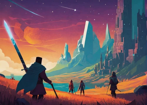 travelers,cg artwork,sci fiction illustration,lightsaber,guards of the canyon,game art,star wars,fantasy landscape,the wanderer,wanderer,journey,futuristic landscape,game illustration,fantasy picture,wizards,games of light,shepherds,jedi,digital nomads,starwars,Conceptual Art,Daily,Daily 20