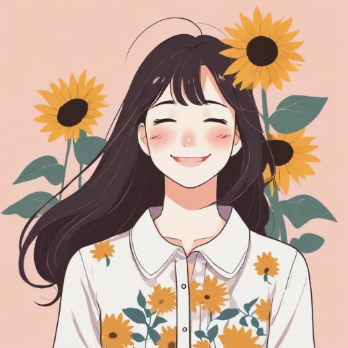 a girl's smile,blooming,helianthus,sunshine,cheery-blossom,sunflower,sunflowers,daisies,a smile,summer flower,chara,sun daisies,sun flowers,summer bloom,girl in flowers,chamomile,sunflower lace background,cheerful,yellow petals,marguerite,Illustration,Japanese style,Japanese Style 06