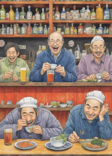 izakaya,pensioners,studio ghibli,elderly people,okinawan cuisine,oriental painting,old age,japanese restaurant,pension,placemat,old people,shirakami-sanchi,japanese art,old couple,japanese cuisine,grandparents,generations,japanese culture,social group,elderly,Illustration,Children,Children 03