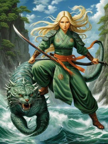 crocodile woman,heroic fantasy,dragon of earth,green dragon,dragon slayer,fantasy picture,dragon li,fantasy art,wyrm,the blonde in the river,merfolk,female warrior,missisipi aligator,dragons,druid,fantasy woman,god of the sea,fantasy portrait,dragon,dragon fire,Illustration,Retro,Retro 24