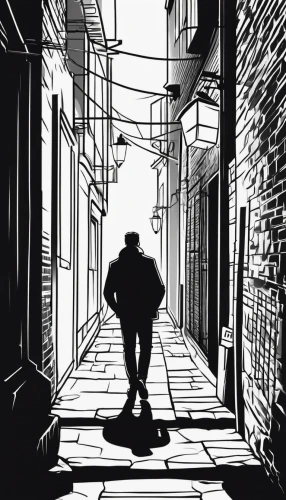 walking man,alleyway,blind alley,man silhouette,film noir,sherlock holmes,comic style,back shadow,the cobbled streets,alley,mystery man,a pedestrian,mono line art,detective,mono-line line art,pedestrian,holmes,lamplighter,shadow,silhouette of man,Illustration,Black and White,Black and White 04