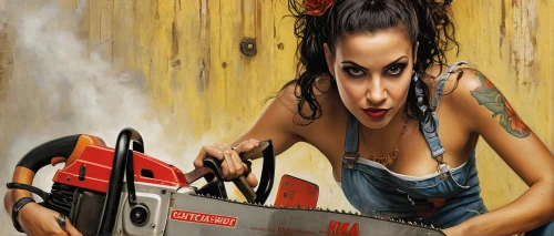 circular saw,table saw,miter saw,angle grinder,rivet gun,table saws,power tool,saw blade,chainsaw,car repair,mechanic,car mechanic,impact driver,radial arm saw,rockabilly,rockabilly style,tattoo girl,electric torque wrench,pin up girl,auto repair,Illustration,Realistic Fantasy,Realistic Fantasy 10