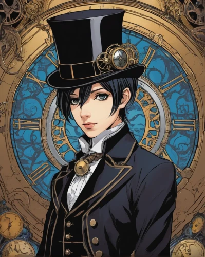 steampunk,clockmaker,watchmaker,ringmaster,vanitas,top hat,admiral von tromp,grandfather clock,hatter,aristocrat,steampunk gears,gentlemanly,stovepipe hat,yukio,clockwork,butler,witch's hat icon,steam icon,victorian style,bellboy,Illustration,Vector,Vector 04