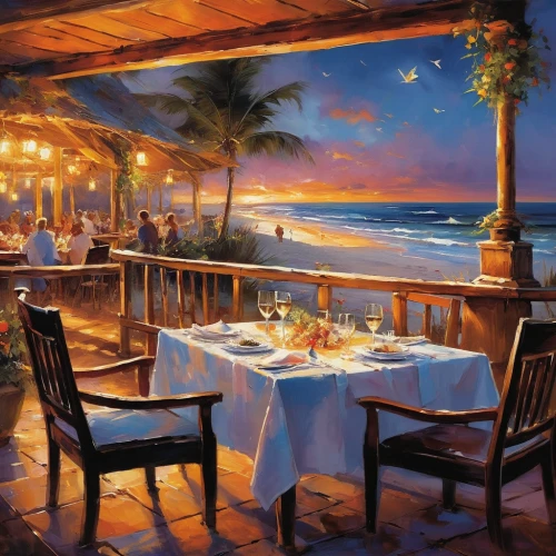 beach restaurant,romantic dinner,outdoor dining,fine dining restaurant,beach bar,a restaurant,romantic night,bistrot,restaurant,hawaiian food,candle light dinner,atlantic grill,romantic scene,diner,alpine restaurant,dinner for two,dining,restaurants,watercolor cafe,thai cuisine,Conceptual Art,Oil color,Oil Color 03