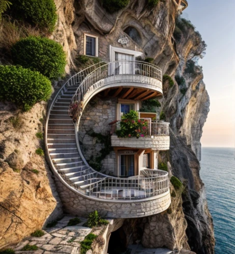 tigers nest,amalfi coast,amalfi,winding steps,positano,cliffs ocean,balconies,spiral stairs,spiral staircase,cliff top,stairway to heaven,luxury property,luxury real estate,water stairs,stone stairs,block balcony,italy,winding staircase,capri,outside staircase,Realistic,Landscapes,Mediterranean
