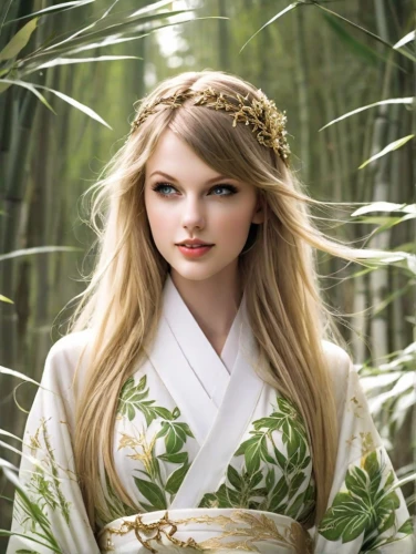 kimono,oriental princess,fairy queen,celtic queen,oriental longhair,laurel wreath,jessamine,miss circassian,folk costume,queen-elizabeth-forest-park,enchanting,fairy tale character,oriental girl,forest background,faerie,traditional costume,the enchantress,beautiful girl with flowers,jasmine blossom,balinese