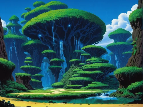 mushroom landscape,mushroom island,cartoon forest,alien world,futuristic landscape,tree mushroom,cartoon video game background,tree grove,alien planet,fairy forest,forest landscape,druid grove,fantasy landscape,mushrooms,an island far away landscape,fairy world,floating islands,monkey island,the forests,rainforest,Illustration,Children,Children 01