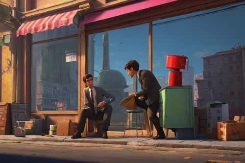 the coffee shop,parisian coffee,paris cafe,transistor checking,street scene,evening atmosphere,vendors,suitcase,soda shop,barber shop,street cafe,bus stop,the evening light,late afternoon,coffee shop,bistrot,courier box,spy visual,businessmen,laundromat,Conceptual Art,Sci-Fi,Sci-Fi 07