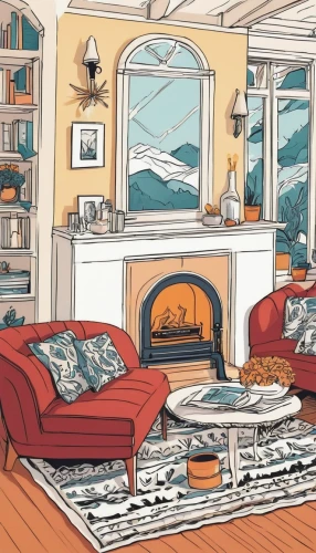 fireplace,living room,livingroom,sitting room,home interior,fireplaces,family room,interiors,fire place,autumn decor,apartment,cottage,frame illustration,house painting,an apartment,summer cottage,home landscape,bay window,christmas fireplace,wood stove,Illustration,American Style,American Style 05
