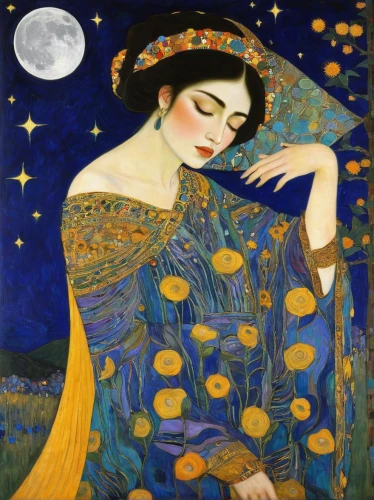 art deco woman,persian poet,rem in arabian nights,khokhloma painting,woman with ice-cream,art nouveau,radha,la violetta,moonlit night,the sleeping rose,blue moon,carol colman,woman holding pie,moon night,lady of the night,iranian nowruz,nowruz,vincent van gough,mucha,girl with bread-and-butter,Art,Artistic Painting,Artistic Painting 32