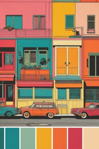 color palette,colorful city,colorful facade,rainbow color palette,pop art colors,color picker,colors,colourful pencils,palette,houses clipart,saturated colors,60s,the colors,color combinations,colours,color table,shades of color,watercolor shops,store fronts,color wall,Illustration,American Style,American Style 15