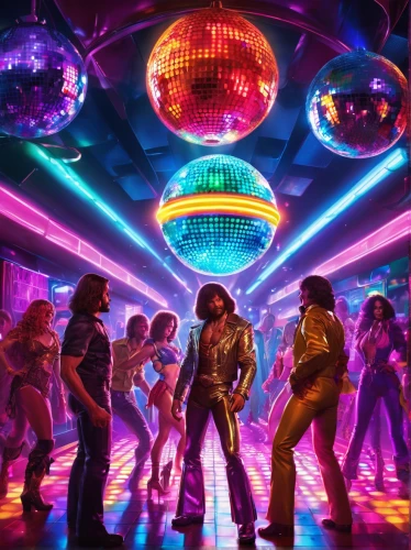 disco,80s,go-go dancing,dance club,70s,disco ball,1980's,mirror ball,nightclub,thriller,discobole,jukebox,prism ball,1980s,retro eighties,groovy,line dance,eighties,clubbing,valerian,Illustration,Realistic Fantasy,Realistic Fantasy 38