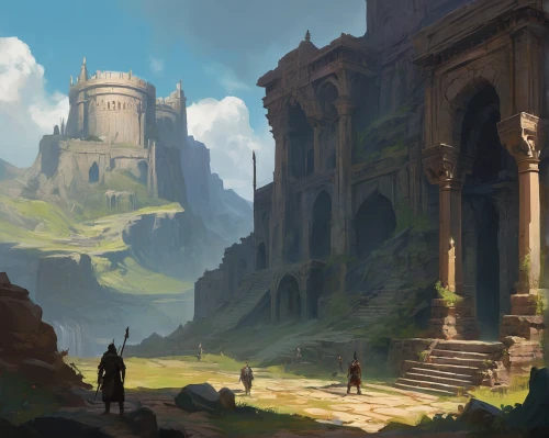 ancient city,fantasy landscape,ruins,ruined castle,castle ruins,ancient buildings,the ruins of the,mausoleum ruins,ruin,ancient,stone towers,monastery,guards of the canyon,citadel,pillars,the ancient world,concept art,castle of the corvin,knight's castle,castles,Conceptual Art,Oil color,Oil Color 02