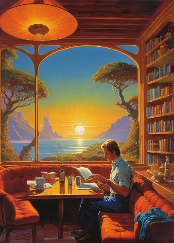 reading room,study room,breakfast room,coffee and books,romantic scene,the coffee shop,fantasy picture,evening atmosphere,sci fiction illustration,children studying,bookshop,steve medlin,beach restaurant,martin fisher,tea and books,idyll,computer room,library,futuristic landscape,book store,Conceptual Art,Sci-Fi,Sci-Fi 19
