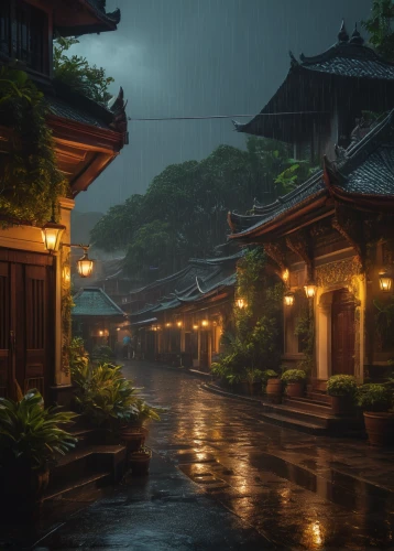 kyoto,tsukemono,ryokan,rainy season,koyasan,rainy,spa town,japan landscape,lanterns,evening atmosphere,heavy rain,night scene,asian architecture,monsoon,sake gardens,izakaya,rainstorm,chinese temple,kowloon,japanese background,Photography,General,Fantasy