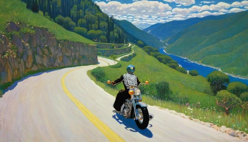 artistic cycling,mountain highway,motorcycles,scooter riding,motorcycling,motorcycle tour,mountain road,bike pop art,open road,motorcyclist,motorcycle,road racing,tour de france,alpine route,side car race,motorbike,cyclists,painting technique,oil on canvas,downhill,Art,Artistic Painting,Artistic Painting 32