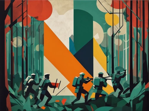 forest workers,travel poster,the forests,cartoon forest,game illustration,patrols,the forest,forest,forests,hunting scene,forest background,sci fiction illustration,troop,orienteering,forest animals,vector art,abstract retro,low poly,vector graphic,forest walk,Art,Artistic Painting,Artistic Painting 46