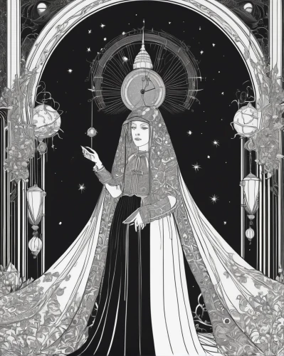 archimandrite,priestess,emperor,star mother,high priest,art deco woman,emperor of space,imperial coat,shakyamuni,queen of the night,the snow queen,the abbot of olib,tarot,art nouveau design,rem in arabian nights,frame illustration,the prophet mary,taiwanese opera,peking opera,priest,Illustration,Black and White,Black and White 24