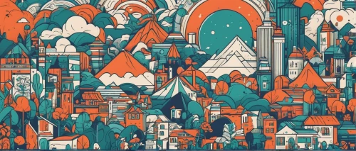 cartoon forest,oktoberfest background,fantasy city,mountain settlement,fairy village,colorful city,escher village,vintage wallpaper,knight village,mountain village,alpine village,airbnb logo,aurora village,roofs,wallpaper roll,detail shot,french digital background,gaudí,fairy tale icons,temples,Illustration,Vector,Vector 06